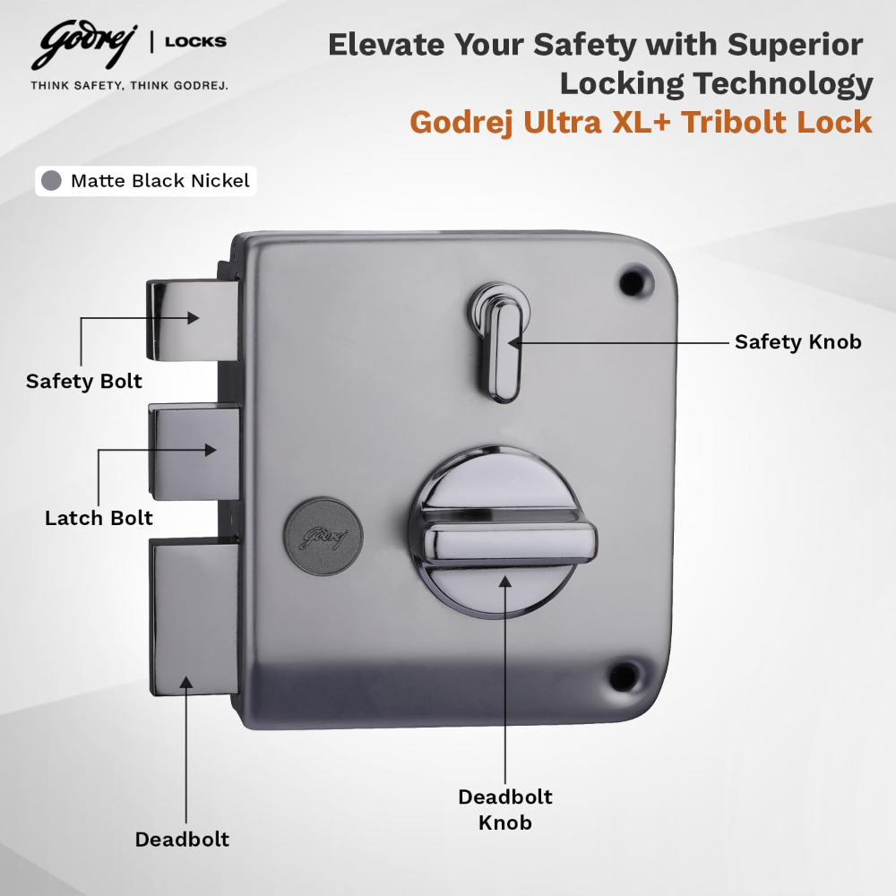 Godrej Rim Lock I Tribolt Ultra XL Plus l 1CK Deadbolt I for Inside Opening Wooden Door | Left Right Handed Doors I 4 Keys I 5 Year Warranty I Manual Locking l Matte Black Nickel Finish